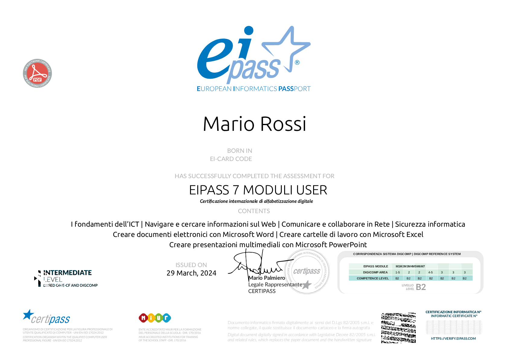 Fac-simile della certificazione EIPASS 7 Moduli User rilasciata da CERTIPASS