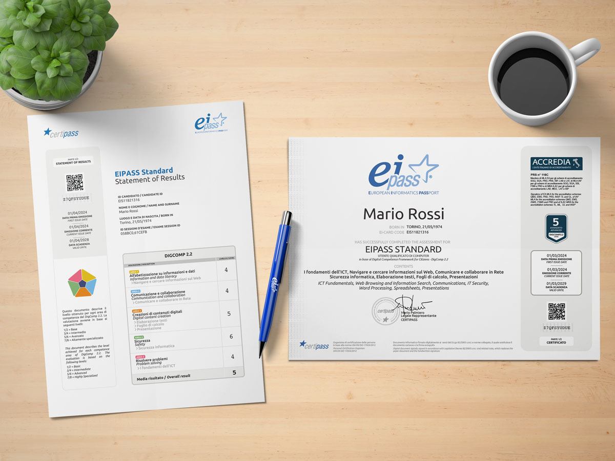 Fac-simile del certificato EIPASS Standard con il sigillo Accredia
